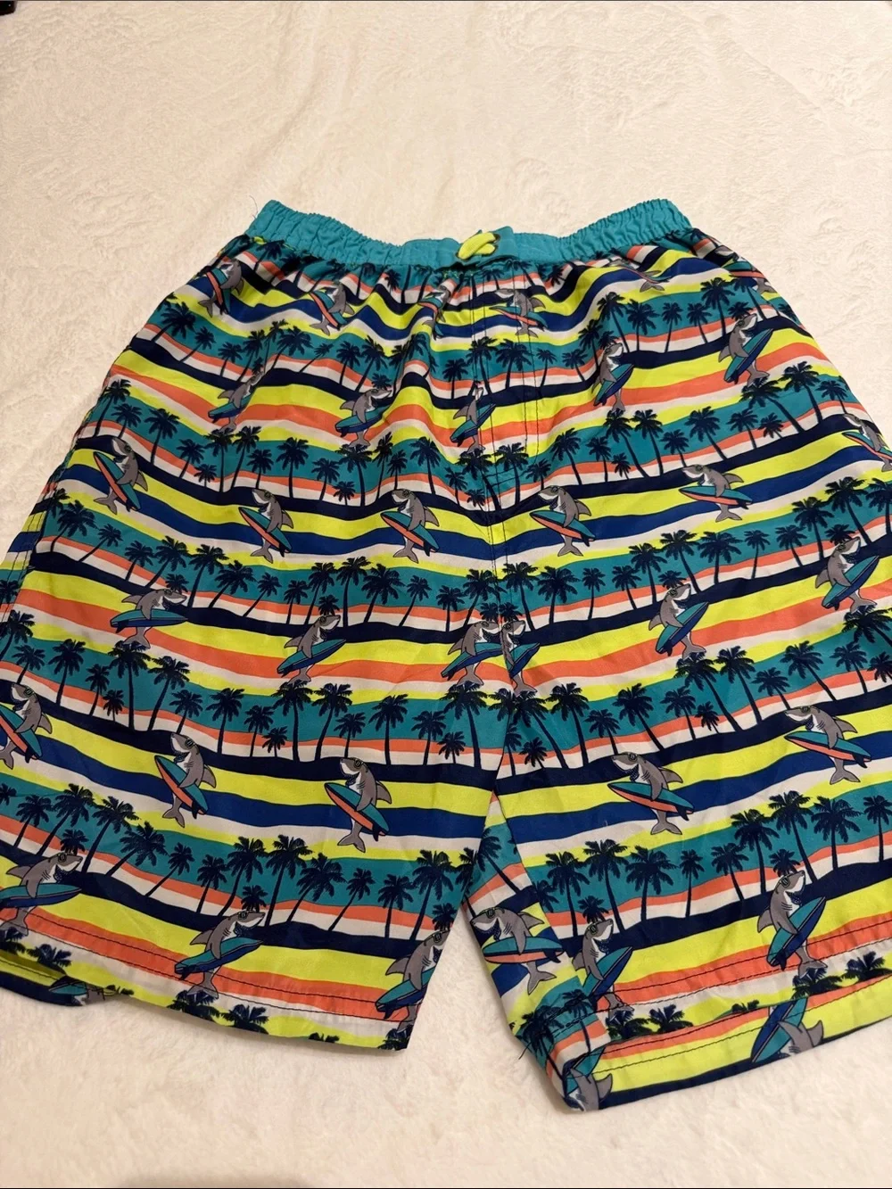 Boys Neon Stripe Palm Trees & Sharks Swim Shorts